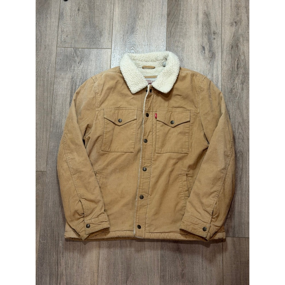 Levis Mens L Tan Corduroy Sherpa Lined Trucker Jacket Full Zip Snap